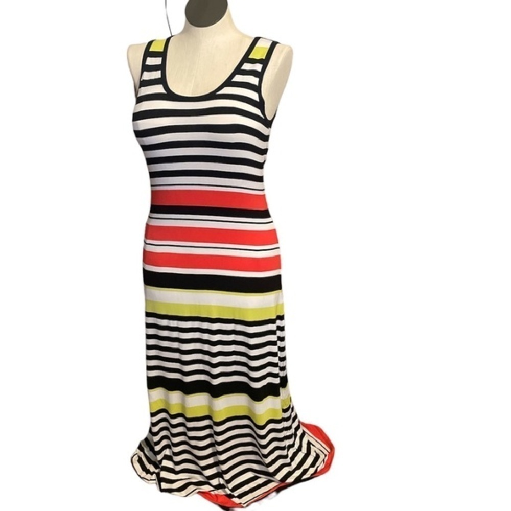 Premise dress woman’s coral lime cream stripe maxi tank rayon dress NEW Sz M